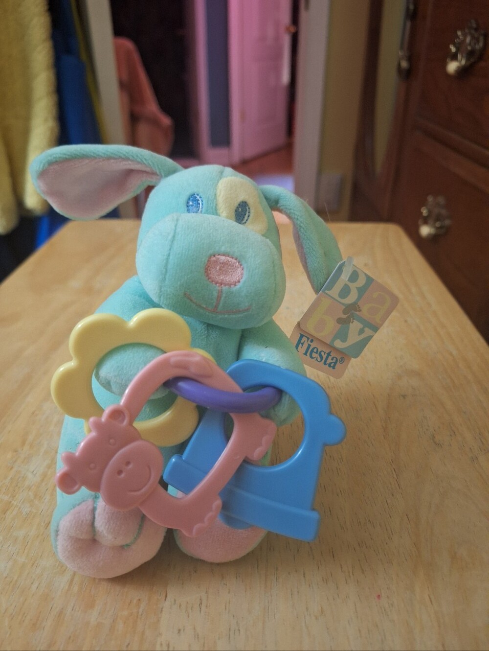 Vintage Fiesta Blue Puppy Dog With Teething Ring And Rattle Toy New